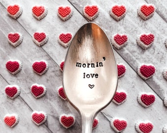 Mornin Love stamped spoon Valentines Day gift Silver handstamped teaspoon Heart decor Good Morning Coffee lover Gift basket idea Under 20