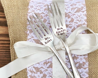 Wedding forks mr right mrs always right  Handstamped silver fork set Mr and Mrs wedding set Wedding keepsake His and hers Wedding gift We