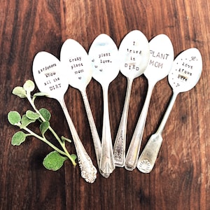 Garden markers Handstamped spoon Funny plant art herb markers under 15 Antique silverware upcycled spring decor