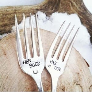 His doe and her buck wedding forks hand stamped buck doe camouflage wedding camo wedding rustic wedding his and hers hunting country wedding