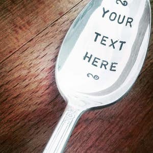 Custom stamped spoon, personalized teaspoon, upcycled, custom gift, wedding present, birthday, housewarming, silverplate keepsake