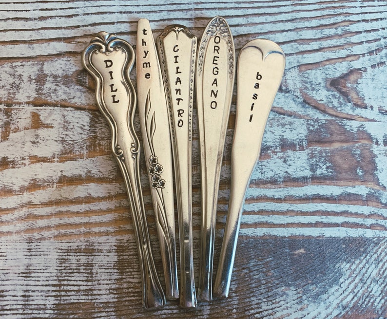 May include: Five vintage silverware spoons with the words "Dill", "Thyme", "Cilantro", "Oregano", and "Basil" engraved on them.