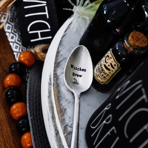 Witches brew stamped spoon Halloween hand stamped teaspoon Upcycled antique silverware tiered tray decor Under 20 Free shipping