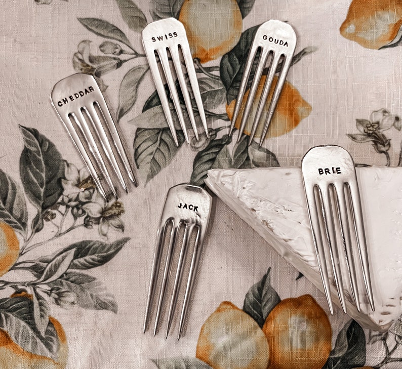Cheese markers Handstamped Silver fork Charcuterie board Vintage Christmas gift Set of 5 Customized Hostess Housewarming Present Home decor