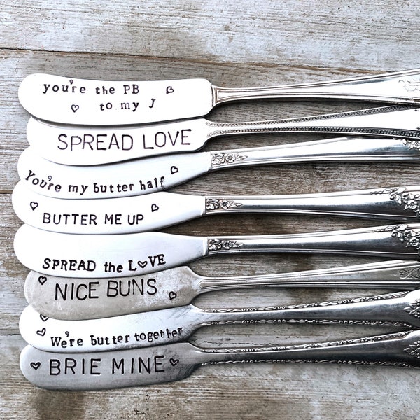 Spread love funny Valentine’s Day stamped spreaders Handstamped vintage butter knife individually sold Christmas gifts anniversary wedding