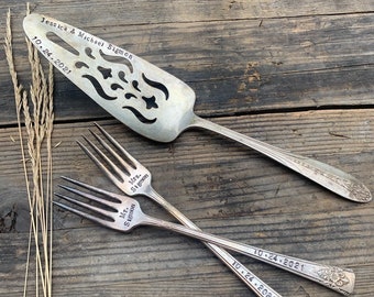 Handstamped wedding fork set Pie server customized vintage silverplate personalized wedding decor His and Hers set Mr and mrs Personalized