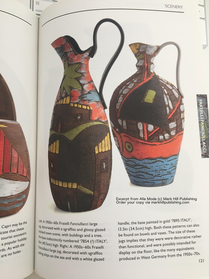 Fratelli Fanciullacci Jug Handled Vase with Stylized Town Scene Vintage Italian Art Pottery Alla Moda