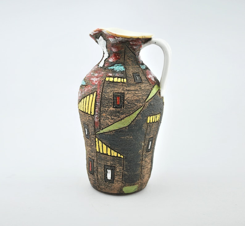 Fratelli Fanciullacci Jug Handled Vase with Stylized Town Scene Vintage Italian Art Pottery Alla Moda