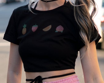 Fruit themed black tie front crop top