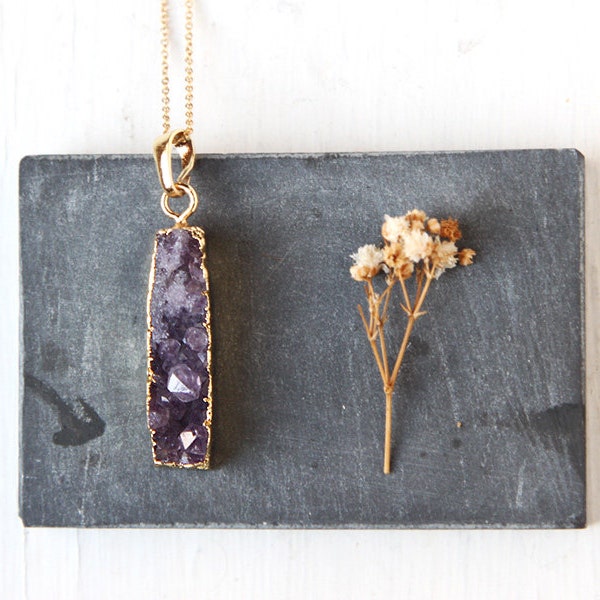 Amethyst Bar Necklace, Crystal Druzy Pendant Dipped in Gold Jewelry