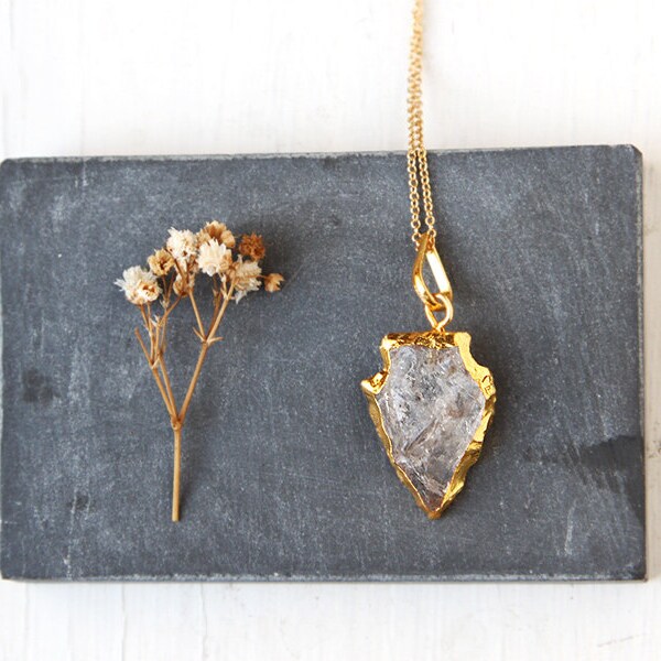 Rock Crystal Arrowhead Necklace in Gold, Raw Quartz Pendant