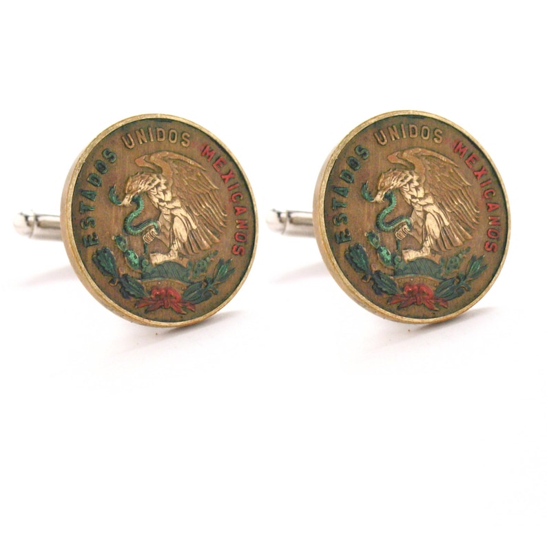 Mexico Cufflinks Cuff Links Coin Mexican Eagle Seal Coins Peso Money Finance Trade Cuidad de Mexico Vera Cruz Gemelos Mancuernillas Traje