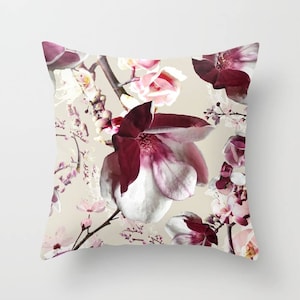 Velvet pillow, Chinoiserie pillow, Pink magnolias throw pillow, 22x22 or 18x18 inches, soft velveteen bed pillow decorative pillow cover