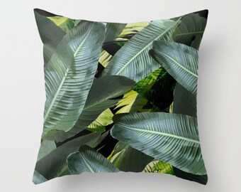 Banana leaf pillow, cushion, durable fabric, throw pillows 16x 16, 18x18 or 20X20 inches, palm leaf print, black and green version, tropical