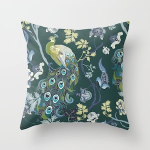 Velvet Chinoiserie throw pillow cover, peacocks, teal, 18 x18in, 22 x 22in, 24 x 12in decorative cushion or bed pillow