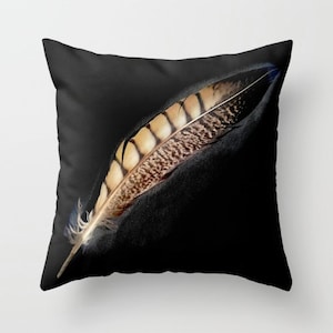 Boho throw pillow, Feather decorative pillow, cushion, feather on black or gray, boho, soft fabric, festival pillow