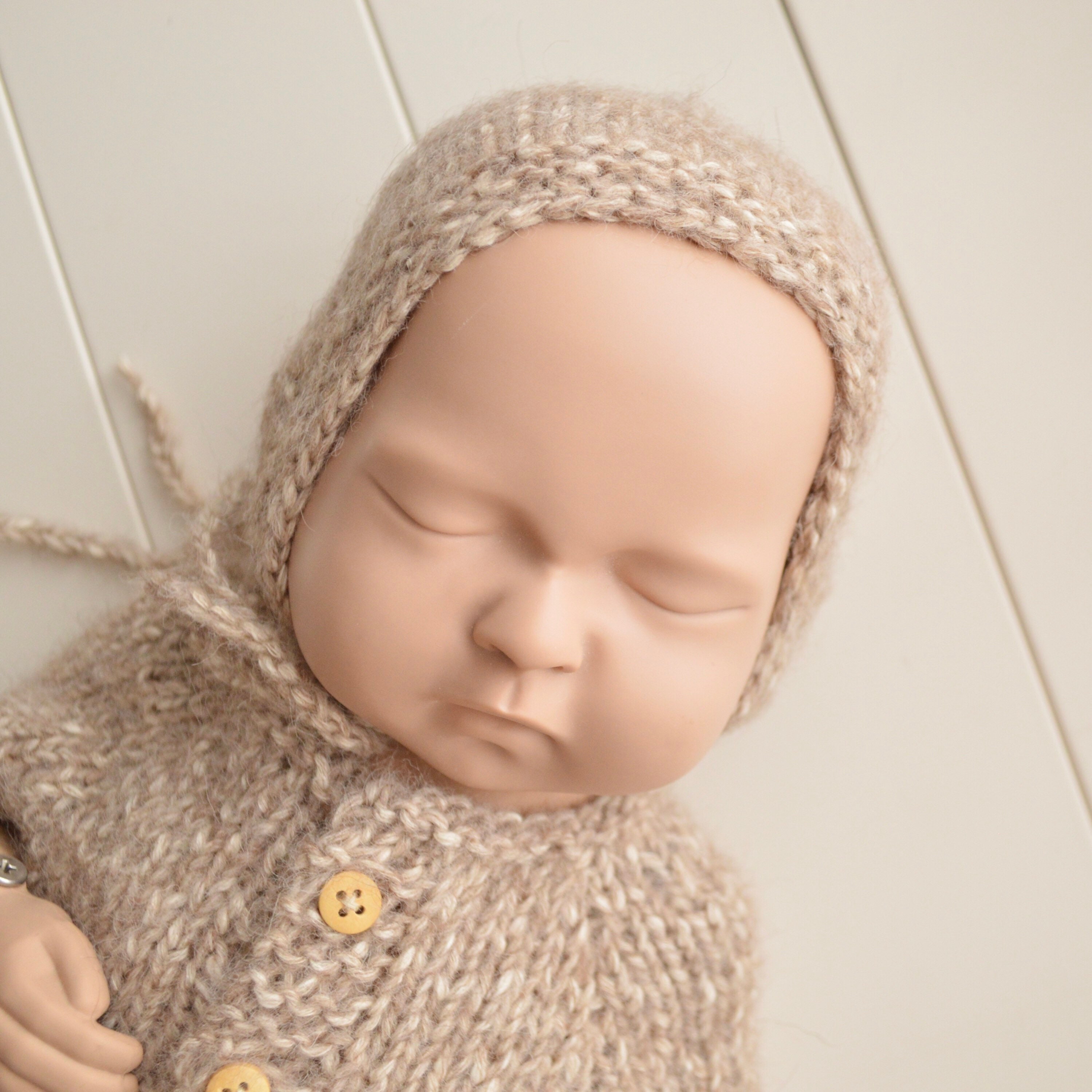 Brown knit newborn boy props outfit. Beige new baby romper and Etsy