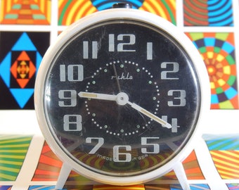 retro white desk clock, vintage alarm clock, mechanical clock ruhla, retro alarm clock, vintage office decor, vintage working alarm clock