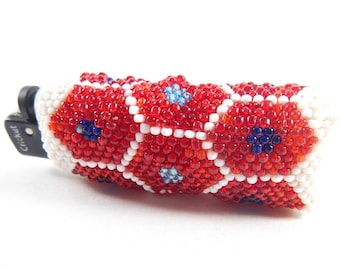 Vintage beadwork lighter case, Handmade beadwork lighter sleeve, Greek prisoners beadwork lighter holder, vintage cigarette lighter case