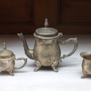 Antique Silver Set of Teapot Sugar Bowl MilkJar,