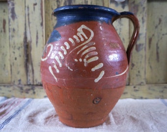 European folk art, old crock, Antique water Pitcher, ceramic pitcher