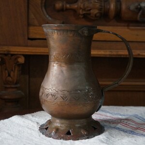 Antique small copper pitcher with handle, home decore, rustic decoration