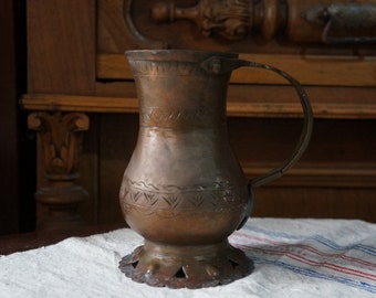 Antique small copper pitcher with handle, home decore, rustic decoration