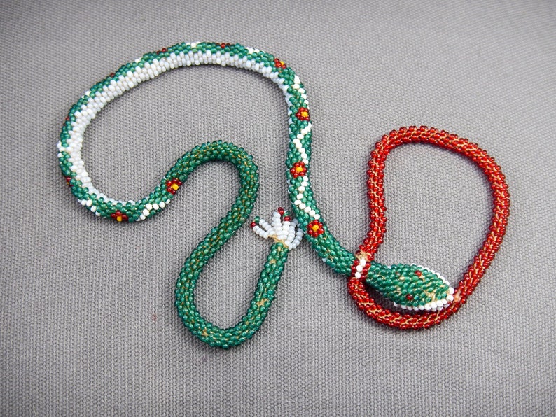 antique beadwork snake collectable necklace, greek antique beadwork snake necklace, Ottoman prisoners beadwork snake, beaded necklace snake image 5