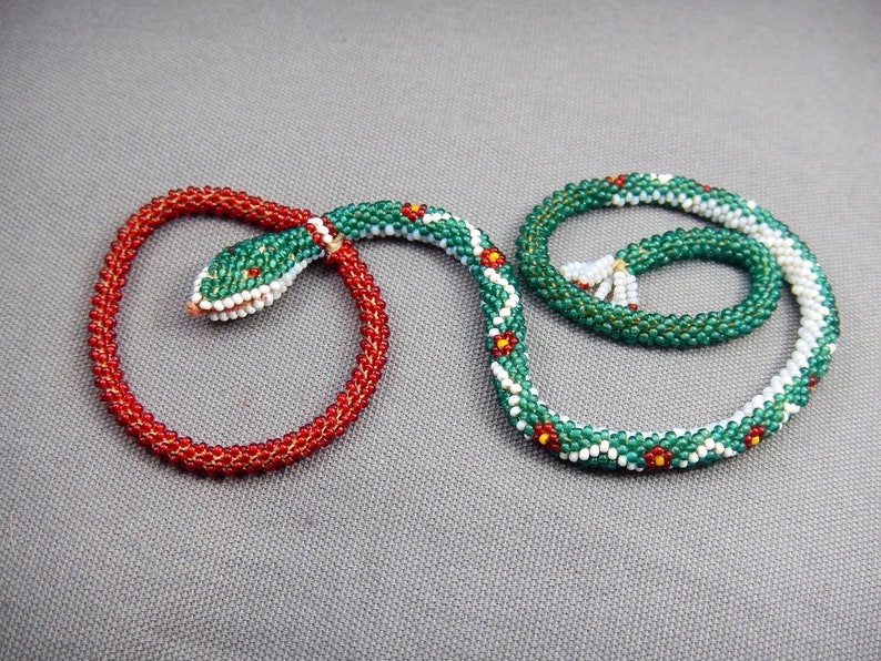 antique beadwork snake collectable necklace, greek antique beadwork snake necklace, Ottoman prisoners beadwork snake, beaded necklace snake image 1