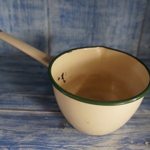 Cute Greek Enamel Cooking or Milk Pot with handle in a lovely creamy colour with green detail kitchenware, enamel utensils
