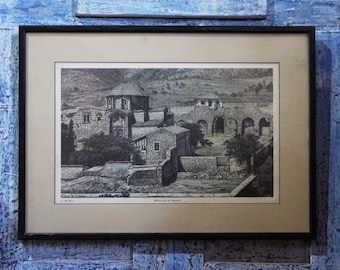 Vintage engraving artwork of Greek Landscape, Painting of Greek Orthodox Monastery of Dafni