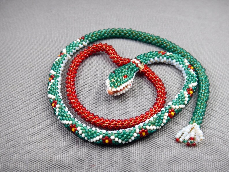 antique beadwork snake collectable necklace, greek antique beadwork snake necklace, Ottoman prisoners beadwork snake, beaded necklace snake image 2