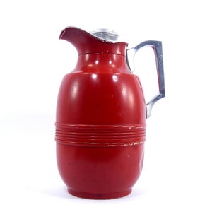 Vintage thermos red color aluminium, vintage thermal bottle, vintage kitchen décor, vintage picnic equipment, thermos carafe, red carafe