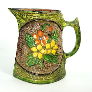 antique ceramic pitcher, Antique pottery, wine pitcher, handmade redware pitcher, terracotta glazed pitcher, ceramic carafe, ceramic jug
