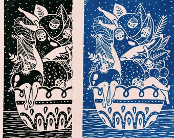 Bodegón de Mujeres Frutales - Linograbado