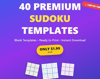 Op de afbeelding: Een paarse gradiënt achtergrond met de tekst "40 PREMIUM SUDOKU TEMPLATES". Onder de tekst staan de woorden "Blank Templates • Ready to Print • Instant Download". De afbeelding bevat ook drie Sudoku-sjablonen en een banner "LIMITED TIME!"
