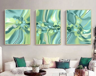 Green Abstract Wall Art Set of 3 PRINTABLE Art Lime Teal Emerald Abstract Painting Poster Large 24x36 Contemporary Artwork Modern Wall Decor