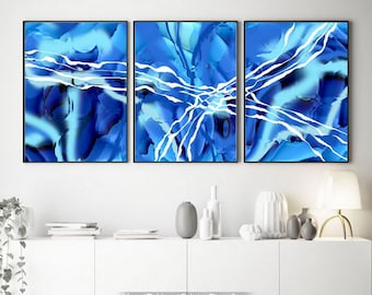 Blue Abstract Painting Set of 3 DIGITAL DOWNLOAD Wall Art Bright Blue Canvas Prints Large 24x36 Artwork Beach House Decor Modern Coastal Art