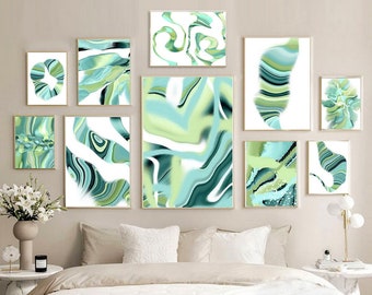 Green Abstract Gallery Wall Art Set of 12 Posters Lime Teal PRINTABLE Art Emerald Minimal Modern Abstract Painting Living Room Bedroom Decor