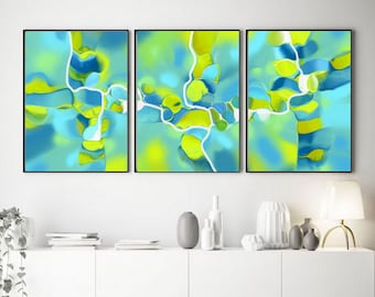 Green Abstract Canvas Prints Set of 3 Lime Teal Abstract Painting Beach House Wall Art Kiwi Green Coastal Modern Prints Large PRINTABLE Art