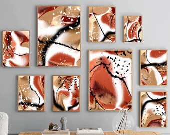 Bohemian PRINTABLE Wall Art Set of 9 Burnt Orange Black Beige Abstract Painting Brush Stroke Canvas DOWNLOAD Art Modern Orange Boho Decor