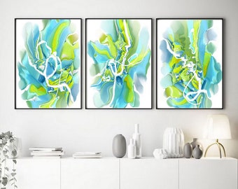 Green Blue Abstract Set of 3 PRINTABLE Wall Art Lime Aqua Abstract Painting Canvas DIGITAL Download Artwork Wall Art Beach House Wall Decor