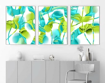 Green Abstract Painting PRINTABLE Wall Art Set of 3 Lime Green Teal Abstract Canvas Prints Modern Green Digital DOWNLOAD Contemporary Art