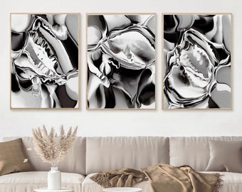 Black White Abstract Painting PRINTABLE Wall Art Set of 3 Large 24x36 Posters Gray Abstract Downloadable Artwork Black White Modern Abstract