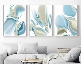 Blue Abstract Painting PRINTABLE Wall Art Set of 3 Sky Blue Beige Abstract Boho DOWNLOAD Large 24x36 inch Artwork Light Aqua Blue Modern Art