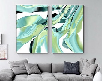 Green Abstract Set of 2 Large 24x36 Wall Art Green Abstract Painting PRINTABLE Art Lime Teal Botanical Posters Modern Emerald Green Artwork