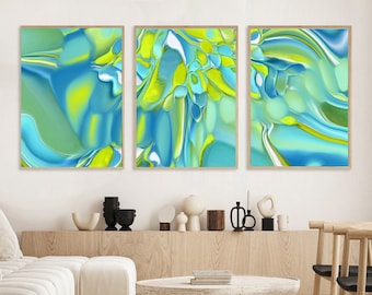 Green Abstract Set of 3 Large 24x36 inch Wall Art Lime Teal Green Abstract DOWNLOADABLE Artwork Green Abstract Painting Canvas PRINTABLE Art