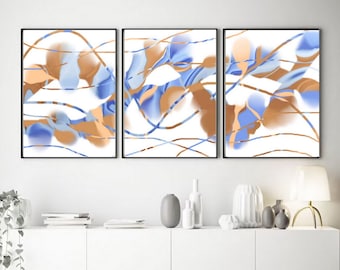 Blue Brown Abstract Painting Set of 3 Large Wall Art 24x36 Pastel Abstract Canvas PRINTABLE Art Minimalist Contemporary Living Room Decor