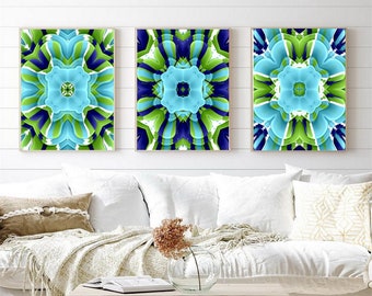 Blue Green Wall Art DIGITAL DOWNLOAD Set of 3 Rustic Aqua Blue Lime Green Navy Floral Wall Decor Printable Flowers Living Room Bedroom Art