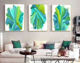 Green Abstract Painting PRINTABLE Wall Art Set of 3 Green Wall Art Aqua Lime Teal Abstract DOWNLOAD Large 24x36 inch Canvas Abstract Artwork